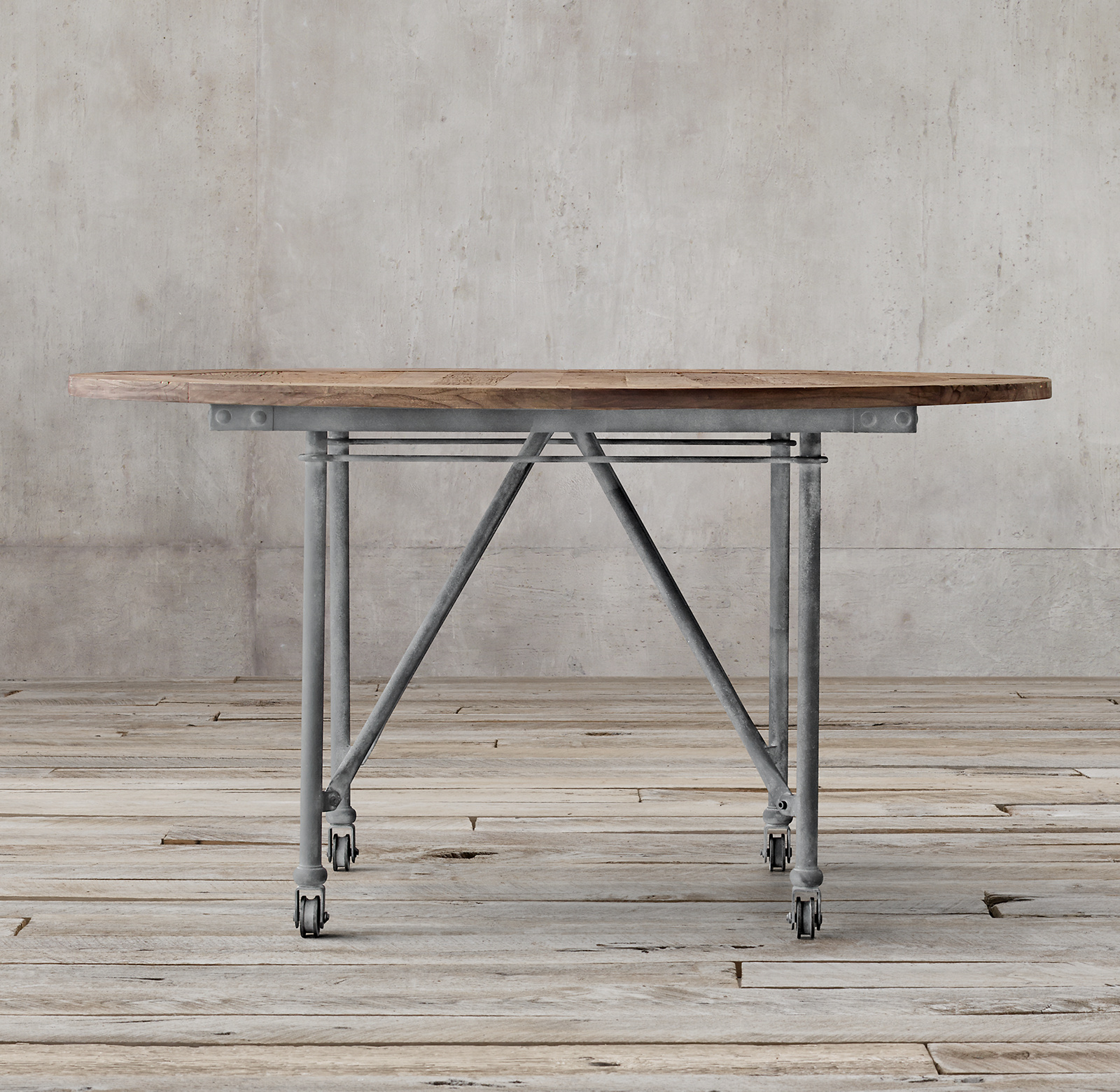 60&#34; table shown in Reclaimed Natural Elm and Zinc Metal.