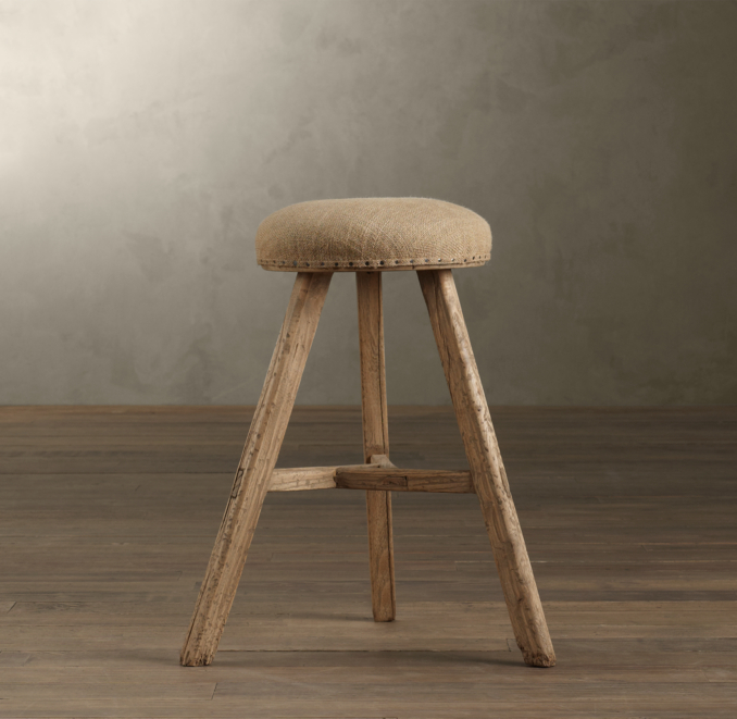 19th C. Rustic Burlap Stool Round