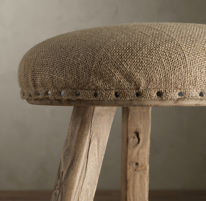 19th C. Rustic Burlap Stool Round