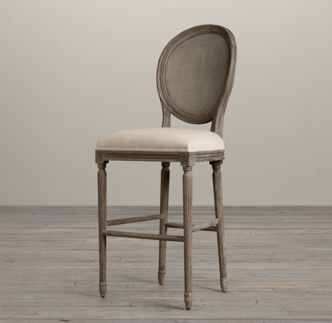 Vintage French Cane Back Round Upholstered Barstool 