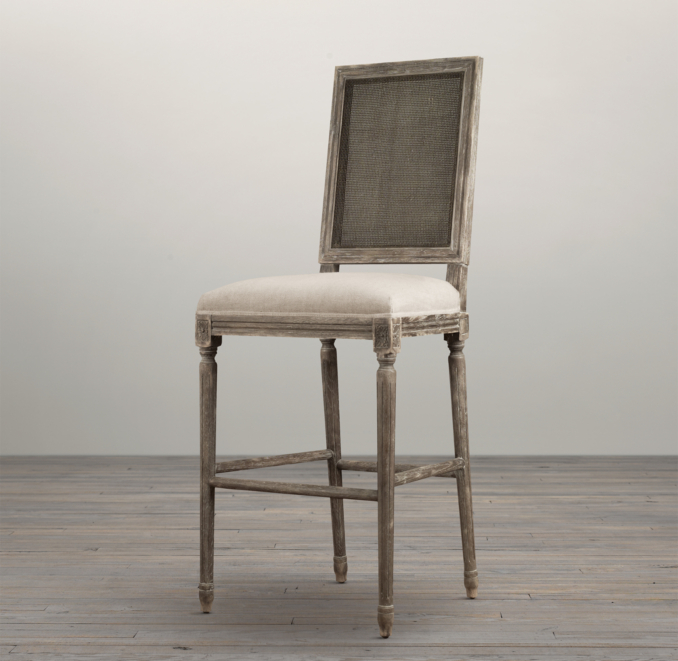 Vintage French Cane Back Square Upholstered Barstool