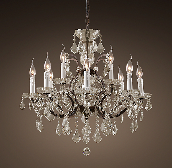 19th C. Rococo Iron & Clear Crystal Round Chandelier 26" - Rustic Iron