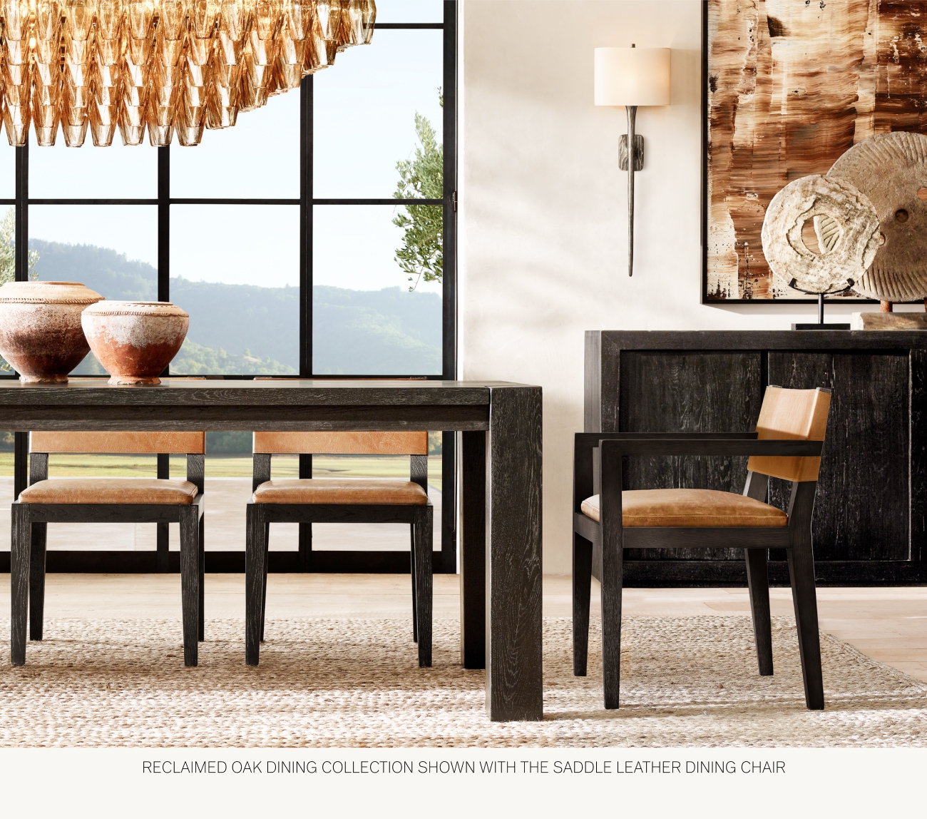  RECLAIMED OAK DINING COLLECTION SHOWN WITH THE SADDLE LEATHER DINING CHAIR 