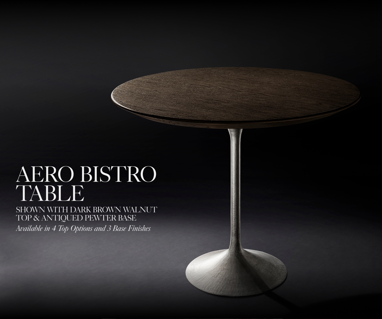  AERO BISTRO TABLE SHOWN WITH DARK BROWN WALNUT TOP ANTIQUED PEWTER BASE 