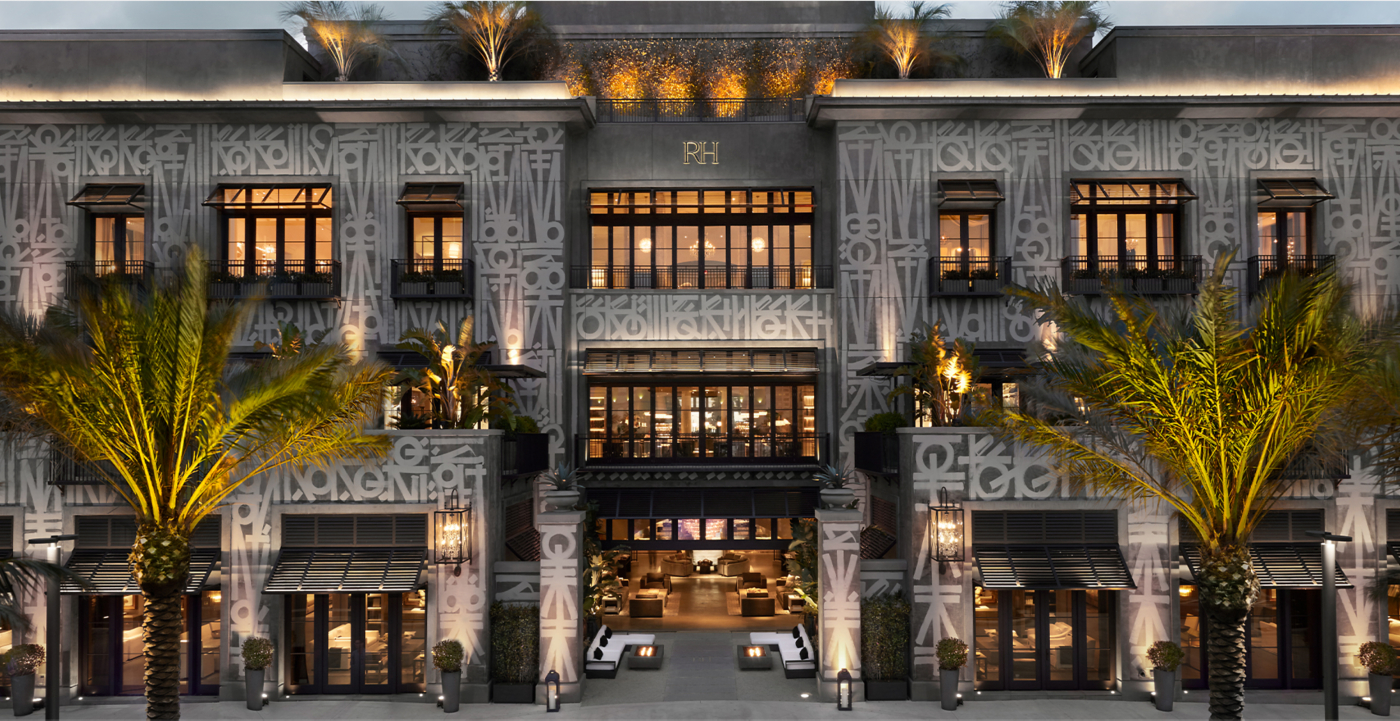 RH West Palm gallery exterior at dusk