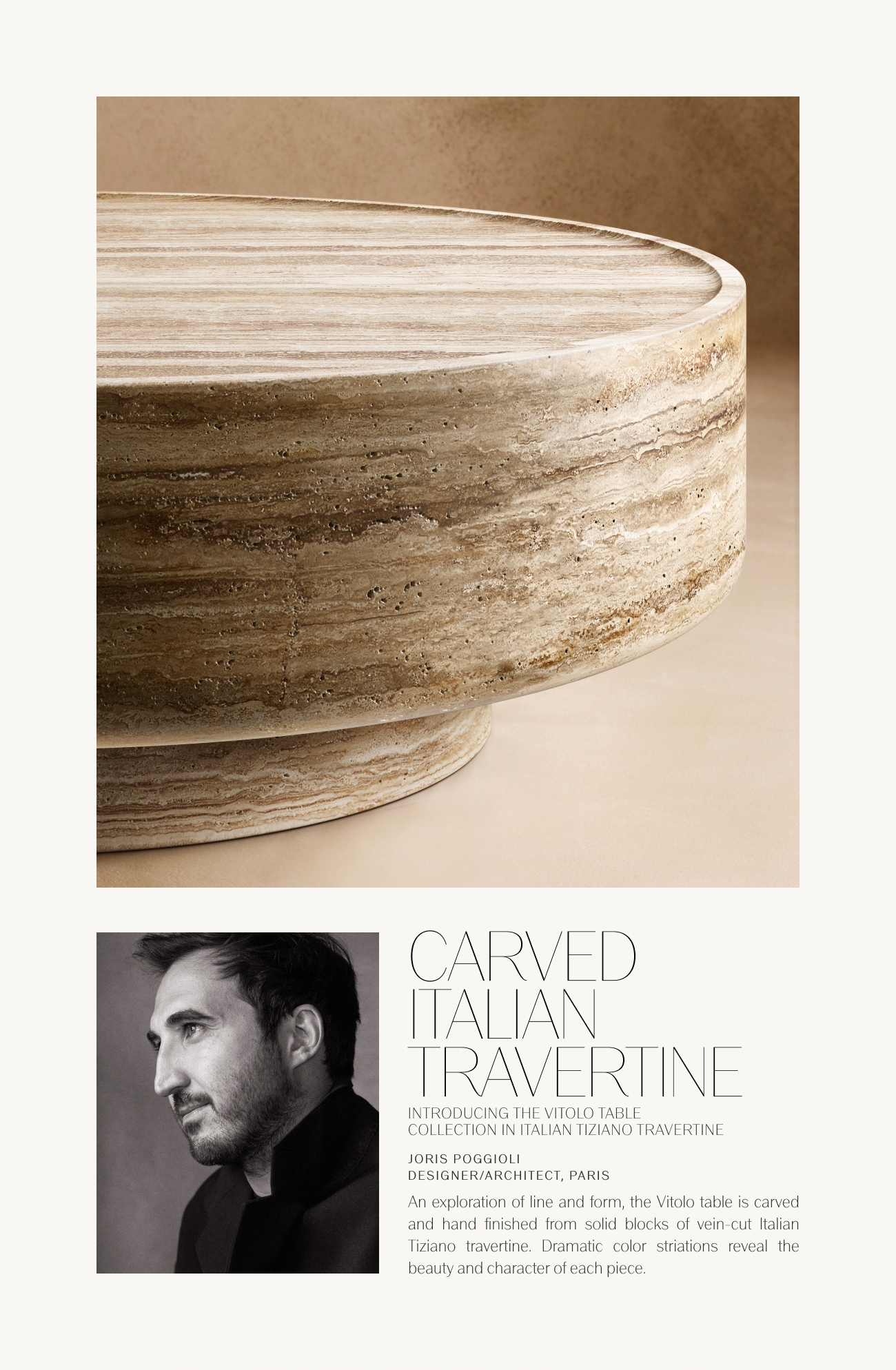 Introducing the Vitolo Table Collection in Italian Tiziano Travertine -  Restoration Hardware