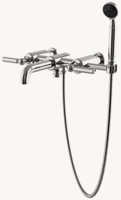 Waterworks Ludlow Wall-Mounted Exposed Tub Filler With Handshower and lever handles