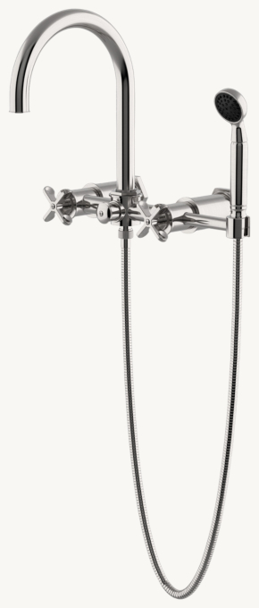 Waterworks Henry Exposed Wall-Mounted Tub Filler With Handshower And Cross Handles