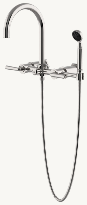 Waterworks Henry Exposed Wall-Mounted Tub Filler With Handshower and lever handles
