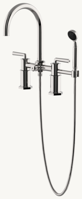 Waterworks Henry Exposed Deck-Mounted Tub Filler With Handshower and lever handles