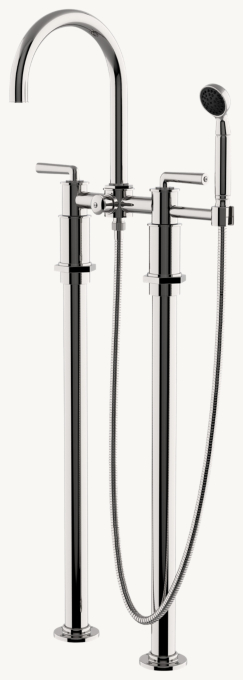 Waterworks Henry Exposed Floor-Mounted Tub Filler With Handshower and lever handles