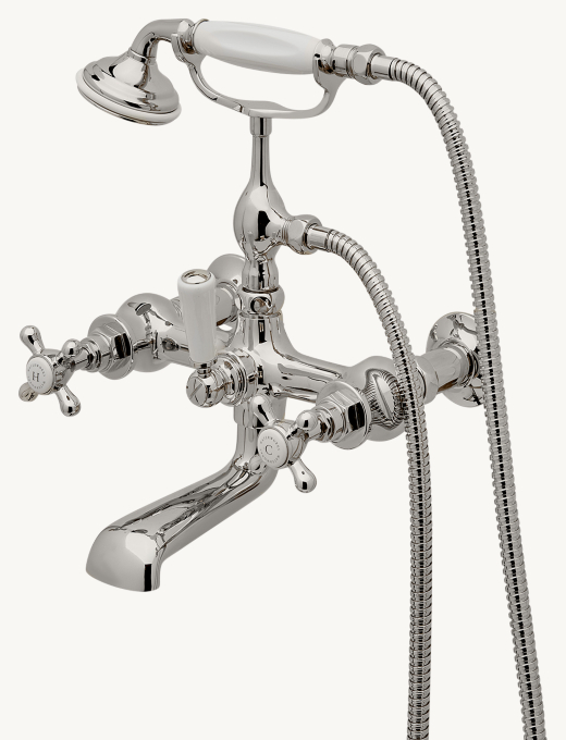Waterworks Highgate Wall-Mounted Exposed Tub Filler With Handshower And Cross Handles