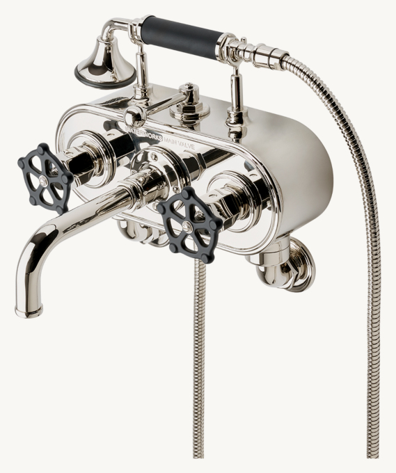 Waterworks Regulator Exposed Wall-Mounted Tub Filler With Handshower And Two-Tone Wheel Handles