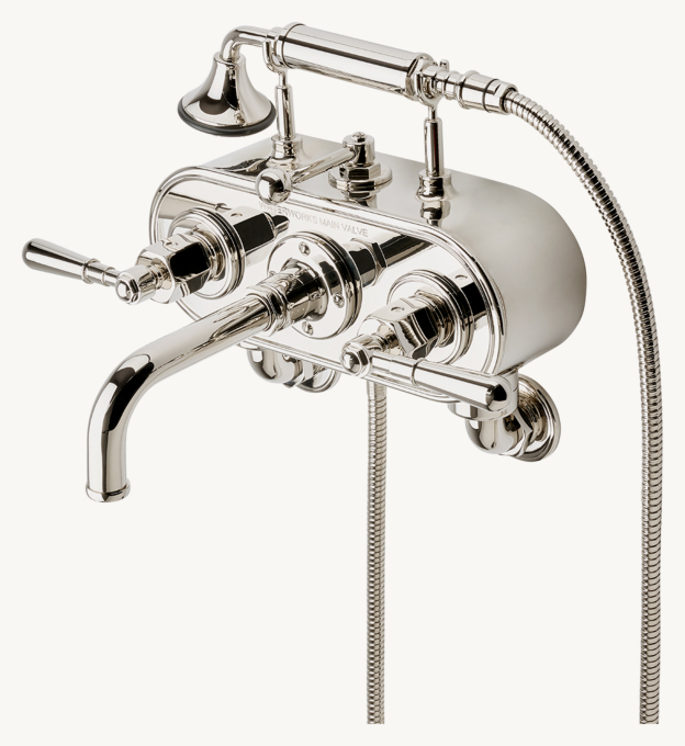 Waterworks Regulator Exposed Wall-Mounted Tub Filler With Handshower and lever handles