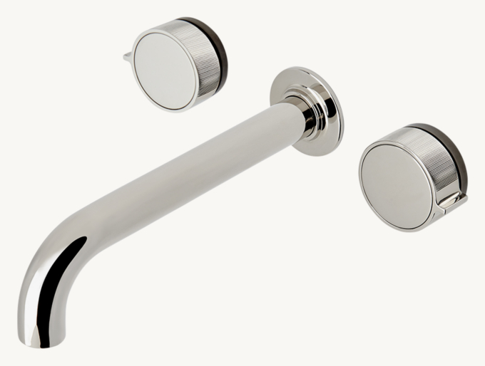 Waterworks Bond Tandem Series Wall-Mounted Lavatory Faucet With Two-Tone Guilloche Lines Knob Handles