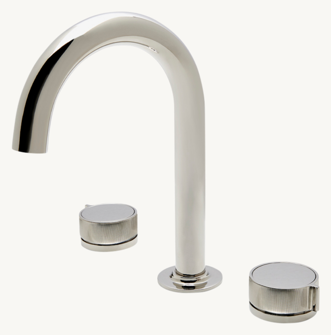 Waterworks Bond Tandem Series Gooseneck Lavatory Faucet With Guilloche Lines Knob Handles