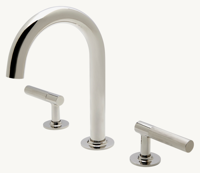 Waterworks Bond Tandem Series Gooseneck Lavatory Faucet With Guilloche Lines Lever Handles