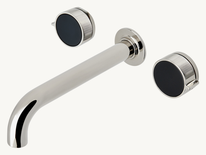 Waterworks Bond Union Series Wall-Mounted Lavatory Faucet With Enamel Guilloche Lines Knob Handles
