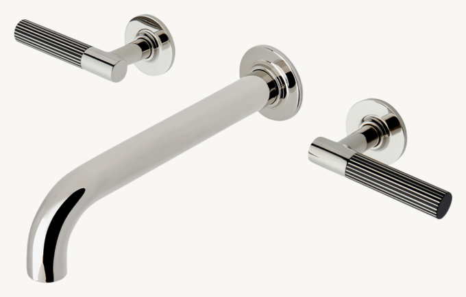 Waterworks Bond Union Series Wall-Mounted Lavatory Faucet With Guilloche Pinstripe Lever Handles