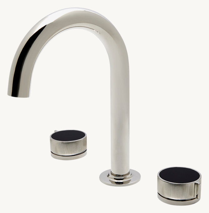 Waterworks Bond Union Series Gooseneck Lavatory Faucet With Enamel Guilloche Lines Knob Handles