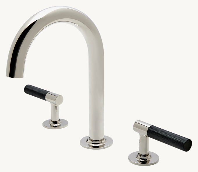 Waterworks Bond Union Series Gooseneck Lavatory Faucet With Enamel Guilloche Lines Lever Handles