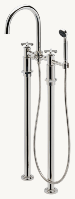 Waterworks Henry Floor-Mounted Exposed Tub Filler With Handshower And Two-Tone Cross Handles