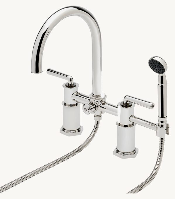 Waterworks Henry Deck-Mounted Exposed Tub Filler With Handshower And Two-Tone Cross Handles
