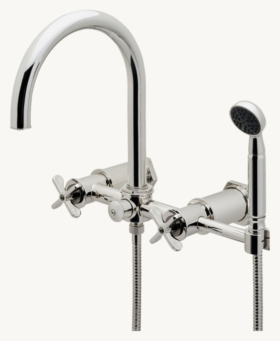 Waterworks Henry Wall-Mounted Exposed Tub Filler With Handshower And Two-Tone Cross Handles