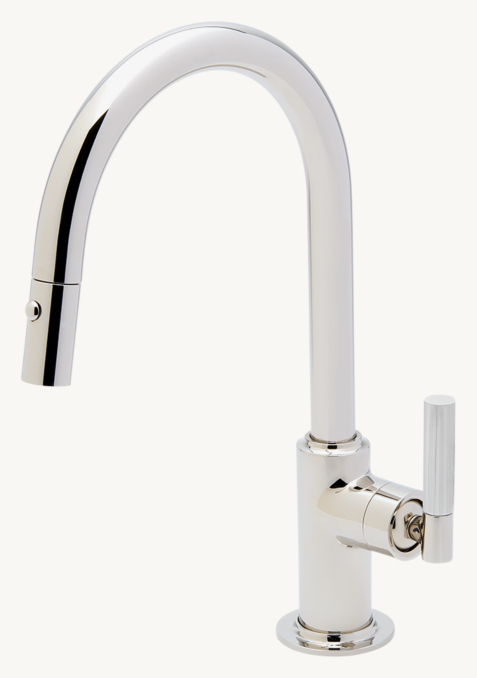 Waterworks Bond Union Series One-Hole Gooseneck Integrated Pull Spray Kitchen Faucet With Enamel Guilloche Lines Lever Handle