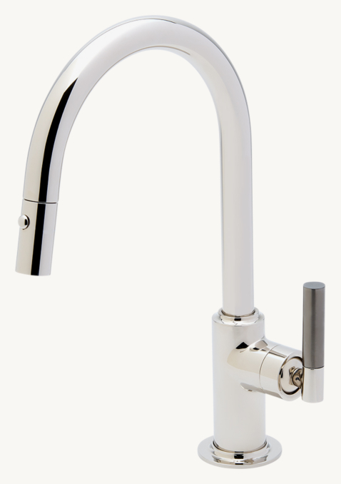 Waterworks Bond Tandem Series One-Hole Gooseneck Integrated Pull Spray Kitchen Faucet With Two-Tone Lever Handle
