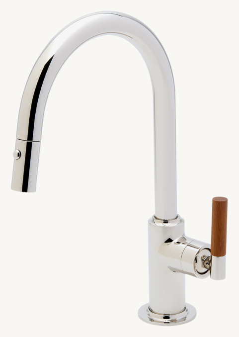 Waterworks Bond Tandem Series One-Hole Gooseneck Integrated Pull Spray Kitchen Faucet With Teak Lever Handle