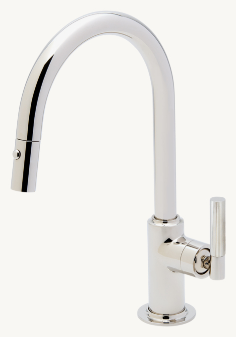 Waterworks Bond Tandem Series One-Hole Gooseneck Integrated Pull Spray Kitchen Faucet With Guilloche Lines Lever Handle