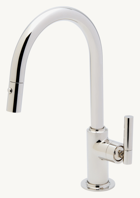 Waterworks Bond Solo Series One-Hole Gooseneck Integrated Pull Spray Kitchen Faucet With Two-Piece Straight Lever Handle