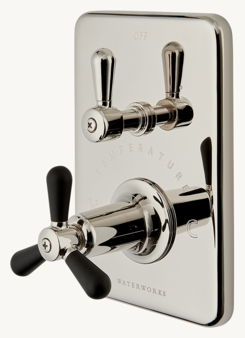 Waterworks Riverun Integrated Thermostatic And Diverter Trim With Two-Tone Tri-Spoke Handle 