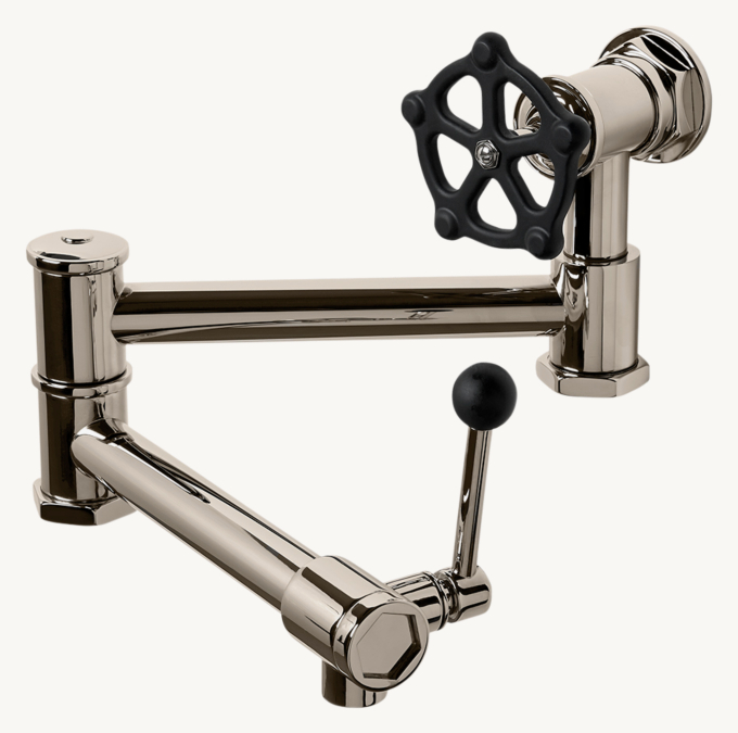 Waterworks Regulator Wall-Mounted Articulated Pot Filler, Black Wheel and lever handles