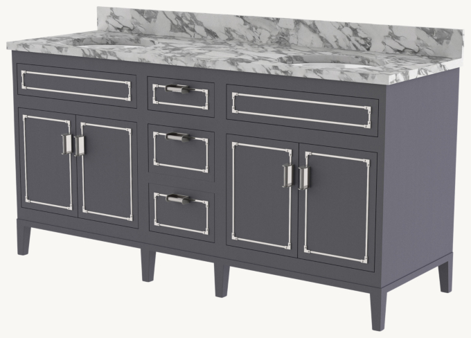 Waterworks Pullman Double Vanity With Tapered Legs And Hardware With Salv26 Sinks And Slab With 4\" X 3/4\" Backsplash