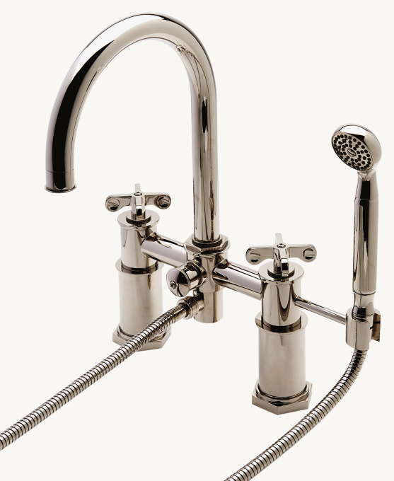 Waterworks Henry Exposed Deck-Mounted Tub Filler With Handshower And Metal Cross Handles