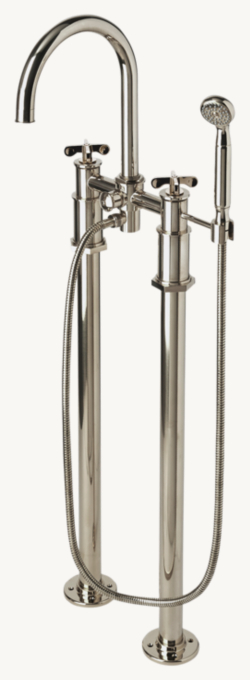 Waterworks Henry Exposed Floor-Mounted Tub Filler With Handshower And Metal Cross Handles
