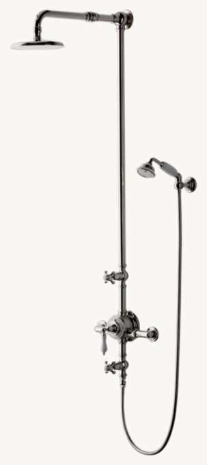 Waterworks Etoile Exposed Thermostatic System With 8" Shower Rose, Handshower And White Porcelain Lever Handle 