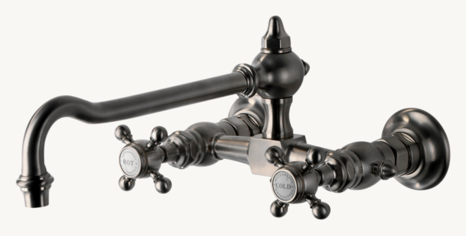 Waterworks Julia Wall-Mounted Two Hole Bridge Low-Profile Kitchen Faucet, Metal Cross Handles