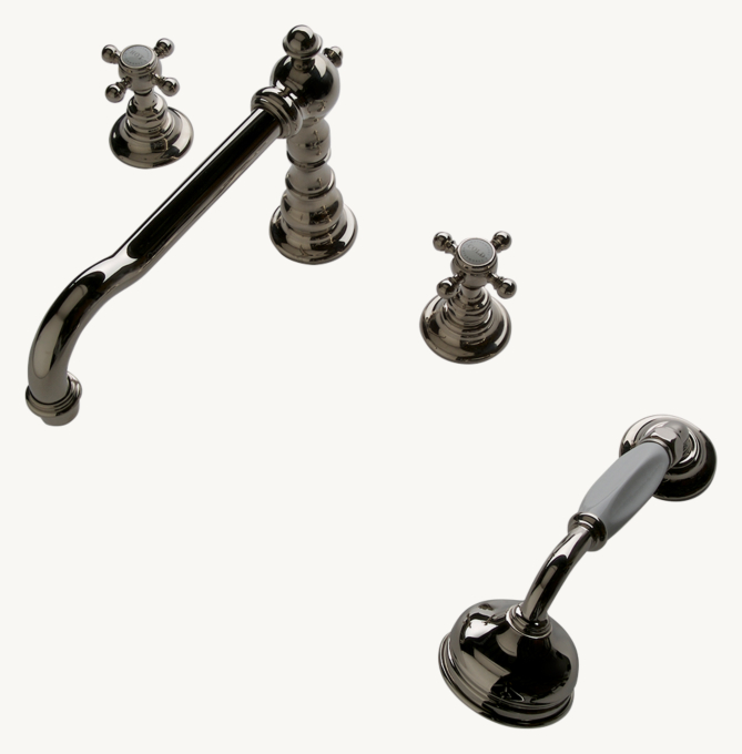 Waterworks Julia High-Profile Concealed Tub Filler With Metal Handshower And Metal Cross Handles