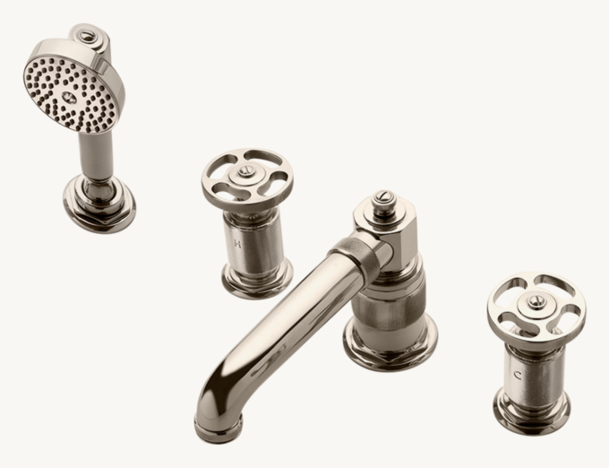 Waterworks R.W. Atlas Low-Profile Concealed Tub Filler With Handshower And Metal Wheel Handles