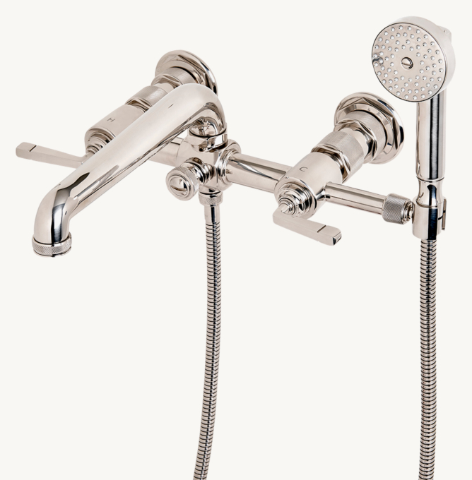 Waterworks R.W. Atlas Exposed Wall-Mounted Tub Filler With Handshower and lever handles