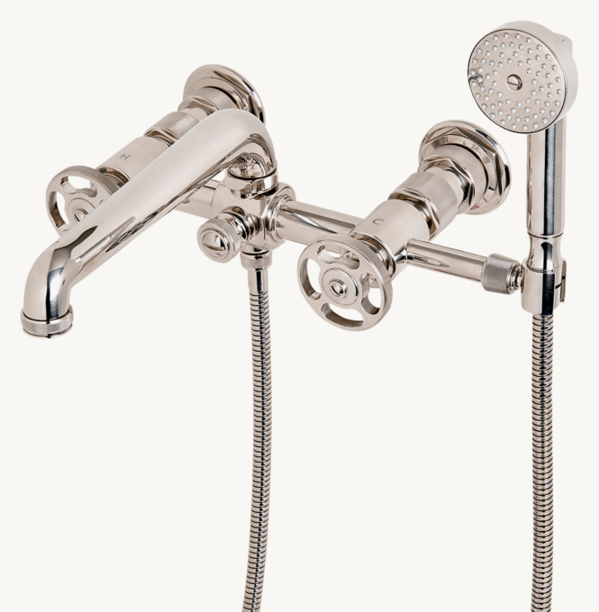 Waterworks R.W. Atlas Exposed Wall-Mounted Tub Filler With Handshower And Wheel Handles