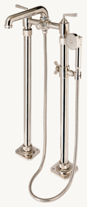 Waterworks R.W. Atlas Exposed Floor-Mounted Tub Filler With Handshower and lever handles