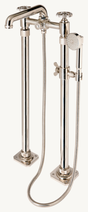 Waterworks R.W. Atlas Exposed Floor-Mounted Tub Filler With Handshower And Wheel Handles