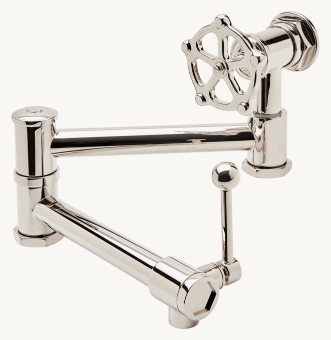 Waterworks Regulator Wall-Mounted Articulated Pot Filler With Metal Wheel and lever handle