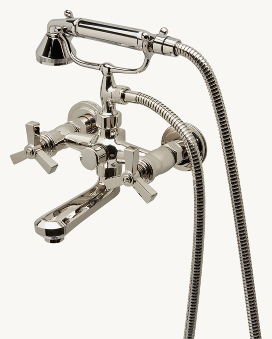Waterworks Aero Wall-Mounted Exposed Tub Filler With Metal Handshower And Cross Handles