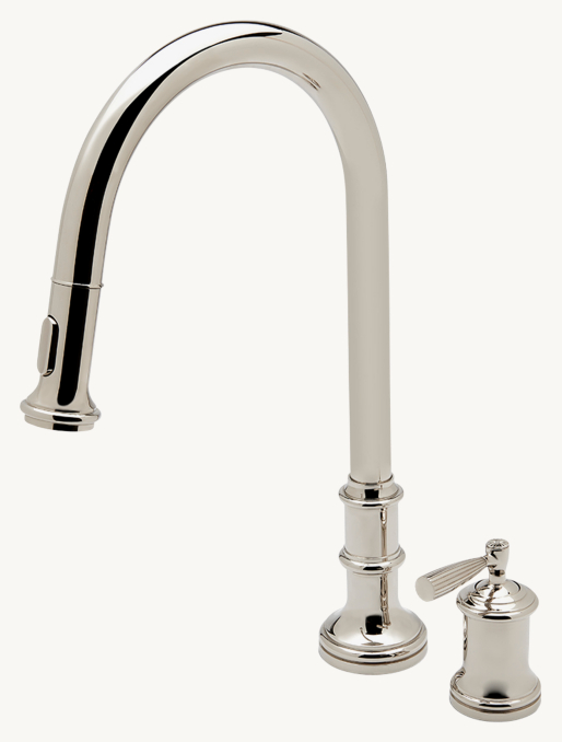 Waterworks Foro Two Hole Gooseneck Integrated Pull Spray Kitchen Faucet With Lever Handle