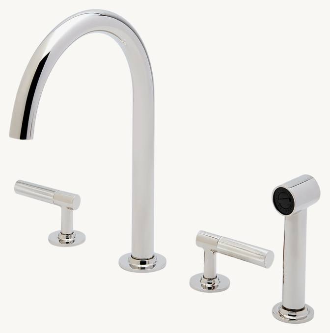 Waterworks Bond Tandem Series Gooseneck Kitchen Faucet And Spray With Guilloche Lines Lever Handles